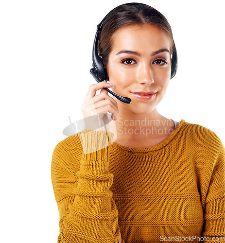 Image of Call center, smile and portrait of woman isolated with consulting and communication on white background. Telemarketing, crm and girl in headset at help desk for customer service phone call in studio.