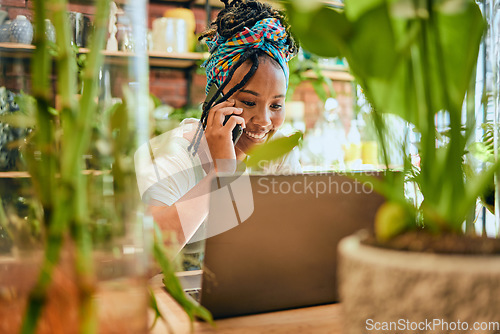 Image of Phone call, small business or black woman talking in store or shop for flowers or agriculture development. Laptop, agro manager or happy entrepreneur networking or speaking to plants retail supplier