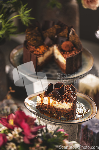Image of Slice of chocolate cake with mascarpone cream