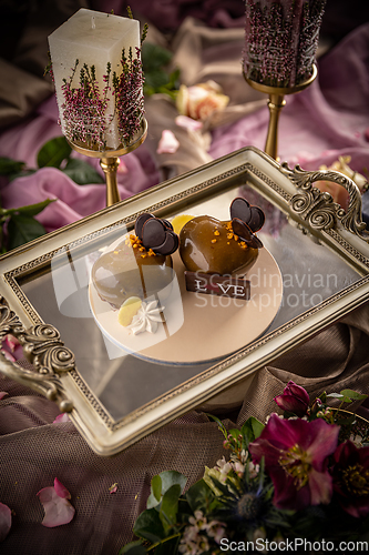 Image of Still life of heart shaped cake