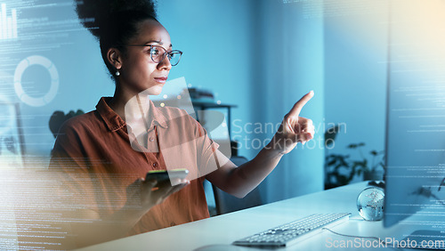 Image of Hologram data, trading overlay and business woman with phone point at nft code in a office. Fintech, invest and 3d information technology work of finance worker with future digital networking growth