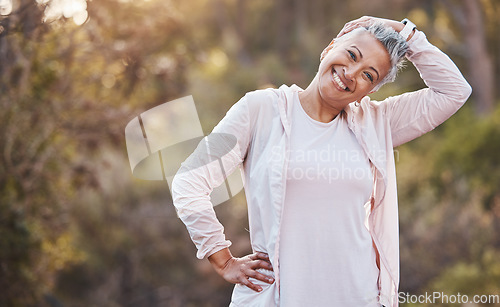 Image of Fitness, portrait and woman stretching neck for park exercise, running workout or training in Colombia. Happy lady, runner and warm up body in nature for performance, wellness and healthy sport goals