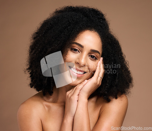 Image of Beauty, skincare and smile with portrait of black woman for facial, self care and luxury cosmetics. Spa, hair care and makeup with face of girl model for treatment, natural and wellness in studio