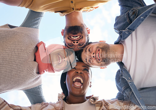 Image of Support, huddle or happy students in university, educational community or college for future success. Diversity, low angle or funny school friends planning a social group meeting, mission or vision