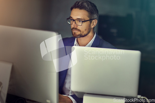 Image of Corporate, computer and man typing, night, and connection for digital marketing, schedule and deadline. Male employee, entrepreneur and ceo reading online, late and planning database for management