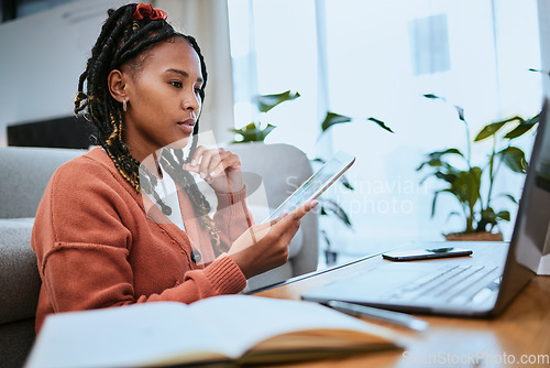 Image of Black woman, tablet and student reading on laptop for online email communication and planning college schedule in home office. African girl, thinking and digital tech devices for elearning education