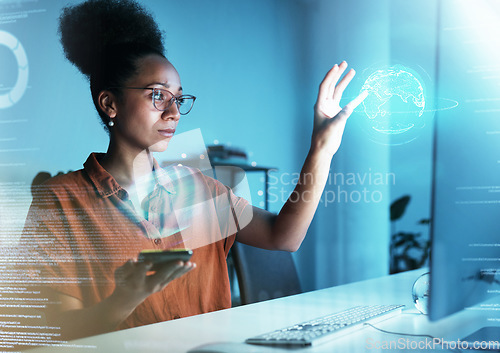 Image of World hologram, 3d web overlay and business woman with phone in a office looking at data. Fintech, global and futuristic information technology work of a trading worker with digital and crypto ux