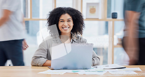 Image of Portrait, happy or business woman with laptop in office for motivation, inspiration or vision with a smile. Manager, leader or employee with tech for innovation, strategy and future success planning