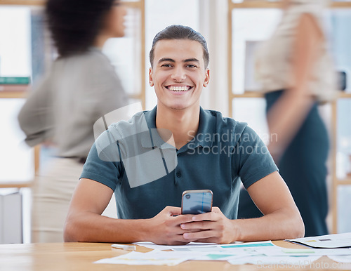Image of Planning, busy office and person on a phone communication, email management or social media startup. Happy worker, man portrait or employee smile and working on smartphone, chat app in fast workplace