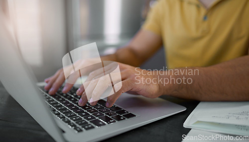 Image of Hands, laptop and keyboard with man typing, working and copywriter writing article, internet research and closeup. Copywriting, creative and SEO, digital marketing worker with pc and wifi connection