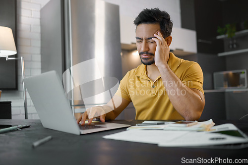 Image of Laptop, kitchen or businessman with stress headache over feedback review of social media, customer experience or ecommerce website. Documents, mental health or remote worker analysis of online survey