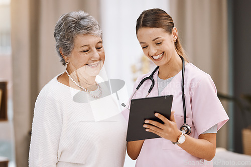 Image of Tablet, healthcare and nurse with senior woman for digital help, support or wellness check, data and results together with smile. Happy elderly patient in communication with medical worker or doctor