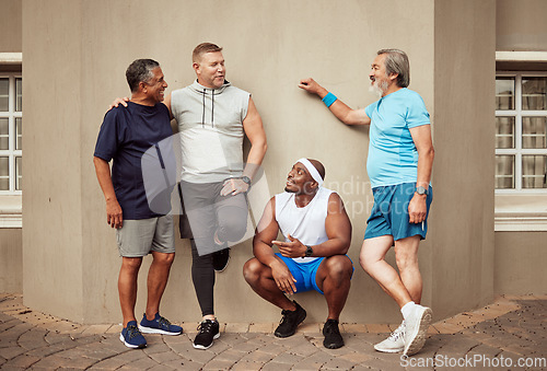 Image of Happy men, fitness break and group exercise on wall background in urban city. Smile, sports training and male friends talking about workout, wellness support and team diversity of healthy lifestyle