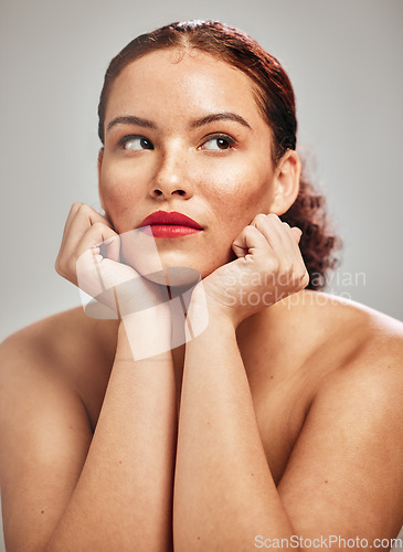 Image of Beauty lipstick, wellness and face of woman with luxury cosmetics makeup, healthy skincare glow or facial self care. Cosmetology, spa salon and aesthetic model girl isolated on grey background studio