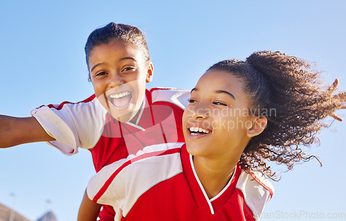 Image of Sports soccer portrait, blue sky and happy kids excited for winning goal, competition success or fun challenge achievement. Winner, celebration and team friends, children or football player piggyback