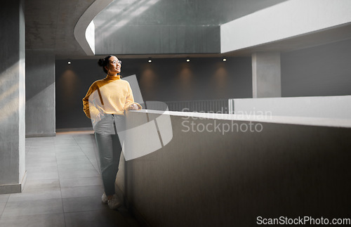 Image of Thinking, mockup and apartment with an asian woman standing in a hallway alone waiting for inspiration. Idea, mock up and full body with an attractive young female in casual clothes at home