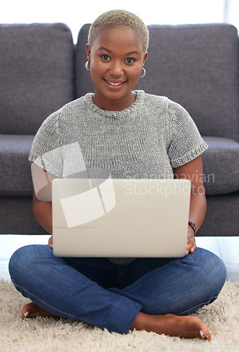 Image of Portrait, laptop or black woman on internet to relax on holiday or weekend searching ecommerce website. Happy, blog or African girl on social media to enjoy fun online content in house living room