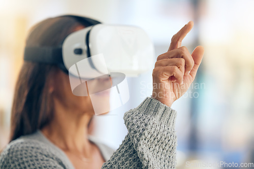 Image of Woman, virtual reality and streaming in home, futuristic tech and internet gaming with ai headset. Vr, 3d innovation and digital transformation, cyber metaverse or video game online experience