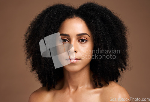 Image of Face, skincare and afro with a model black woman in studio on a brown background for natural beauty. Portrait, cosmetics and hair with an attractive young female posing to promote a cosmetic product