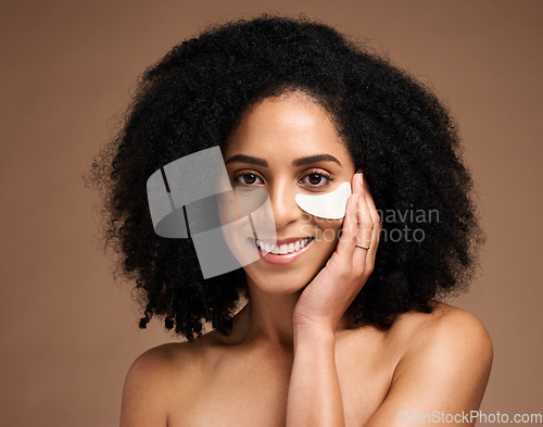 Image of Beauty, skincare and eye mask with face of black woman for facial, product and spa treatment. Collagen, self care and luxury with girl model and eye patches for wellness, cosmetics and dermatology
