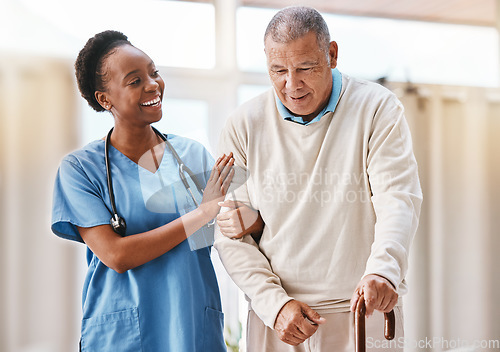 Image of Help, support and medical with nurse and old man and cane for retirement, rehabilitation or healing. Empathy, physical therapy and healthcare with patient and walking stick in caregiver nursing home