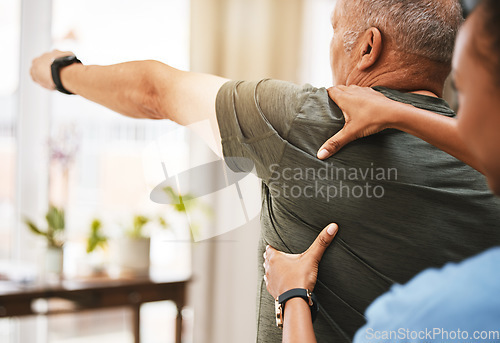 Image of Shoulder pain, physiotherapist woman and senior man in physical therapy, muscle or arthritis exercise support in consulting exam. Physiotherapy, chiropractor and healthcare rehabilitation of patient