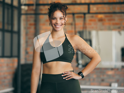 Image of Fitness portrait, exercise and happy woman at gym for a workout, training and body motivation at health club. Face of sports or athlete female happy about performance, progress and healthy lifestyle