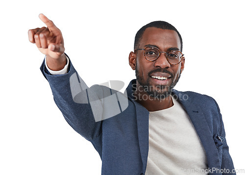 Image of Businessman, portrait or pointing hand in directions, order or instruction on isolated white background. Smile, happy worker or creative designer with showing finger, hand gesture or mockup backdrop
