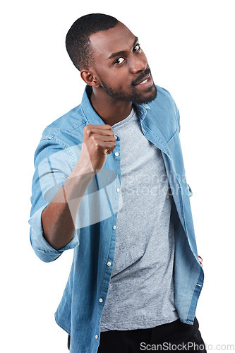 Image of Portrait, fist and warning with a black man in studio isolated on a white background ready for a fight or conflict. Hand, serious and threat with a young male on blank space to warn or threaten