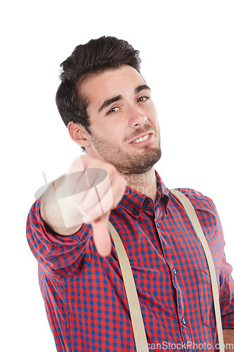 Image of Thumbs down, man and portrait of a person showing negative, fail and no hand sign. White background, geek and hands of a male with loser and negative hand gesture of a nerd isolated in a studio