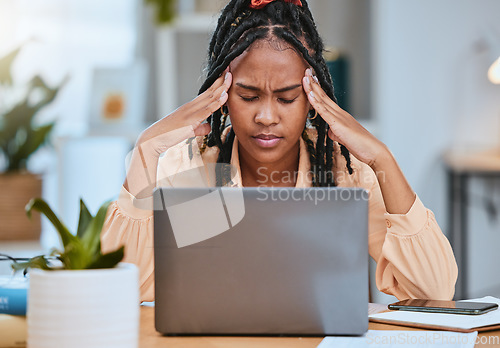 Image of Black woman, headache and depression with laptop while tired in home office of studying or working. Entrepreneur person stress, burnout and exhausted with fatigue for remote work and startup business