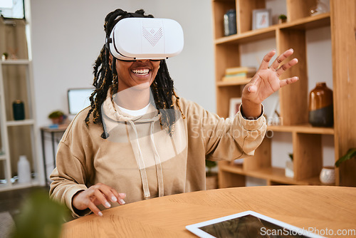Image of Virtual reality, vr metaverse or happy woman touch cyber ui dashboard, augmented reality or future ai. Digital transformation, futuristic software study or creative black student working with headset