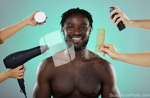 Image of Hair, makeover and salon treatment with man in studio portrait with smile, hairdryer and comb on green background. Beauty, haircare and product for happy male model with natural hairstyle at barber.