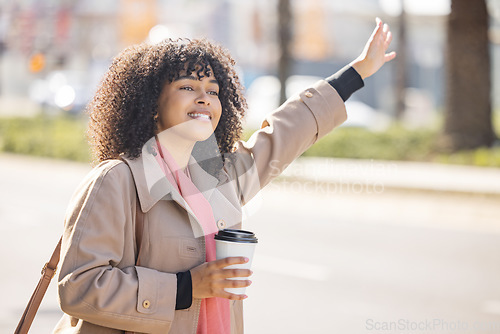 Image of Taxi, coffee and commute with a business black woman calling or hailing a cab outdoor in the city. Street, travel and transport with a female employee commuting via ride share in an urban town