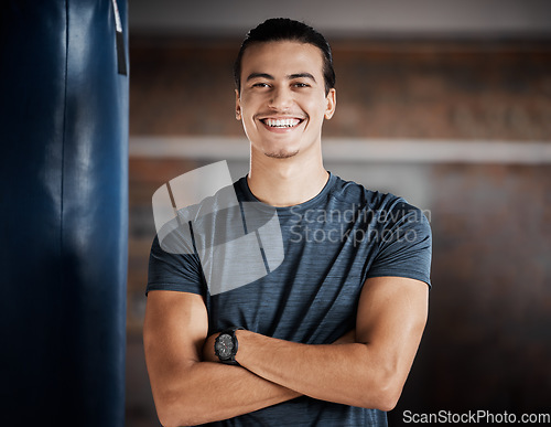 Image of Man, smile portrait and fitness in gym for exercise workout, boxing training and sports wellness mindset. Happy athlete, personal trainer success and relax happiness for cardio lifestyle in club