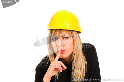 Image of businesswoman gestures for silence