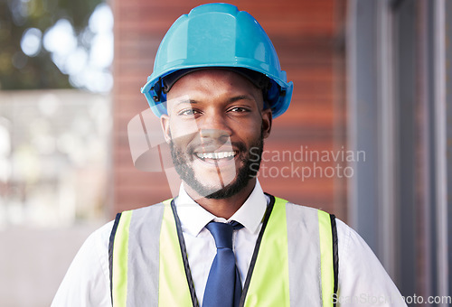 Image of Portrait, engineer and black man with helmet, smile and construction planning. Architect, African American male or employee with idea for new building, safety hard hat and protection for architecture