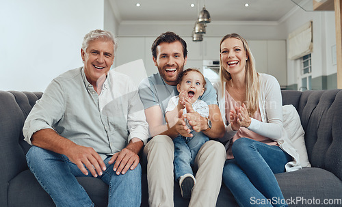 Image of Mother, father and child with grandfather on sofa, generations of family together in living room. Love, home and portrait of parents with baby and grandpa relax and smile on couch in home apartment.