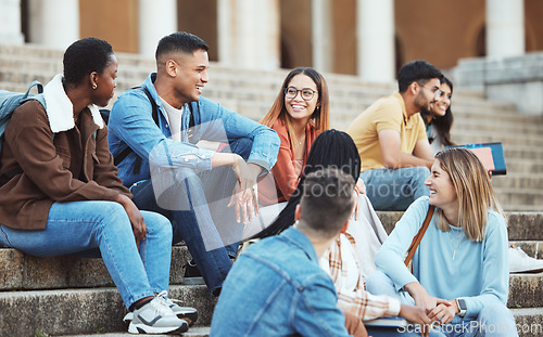 Image of Laughing students, bonding or university stairs on college campus for group study, diversity class break or open day social. Smile, happy or talking friends, education learning goals on school steps