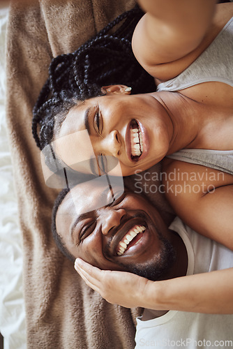 Image of Selfie, love and black couple portrait in bedroom happy and funny while laughing on bed at home or hotel. Top view smile of a man and woman in marriage with commitment and happiness for social media