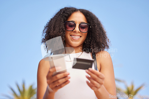 Image of Brazil, phone or woman with credit card for online shopping payment, fintech or ecommerce app outdoor. Happy, mobile or girl with smile for digital banking, website store purchase or internet trading