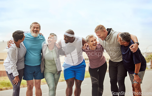 Image of Fitness, senior group of people and smile outdoor together for exercise motivation, retirement health support and diversity on training workout. Elderly athletes, happiness hug and sports friends