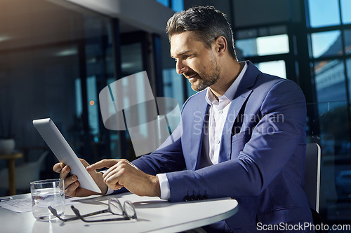 Image of Technology, tablet and businessman online in office with smile checking crypto wallet with internet. Financial trading, cryptocurrency and investment, man at table with web research or data analytics