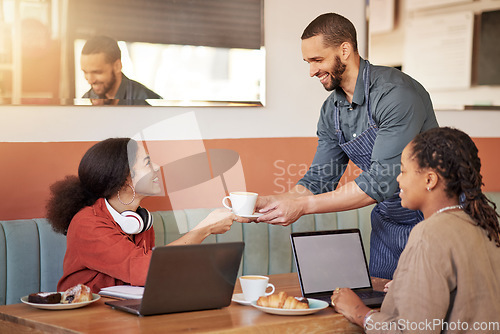 Image of Cafe, happy or waiter with coffee for students eating breakfast, food or brunch at a table in the morning. Hospitality, restaurant or worker with a happy smile serving or giving tea to women or girls