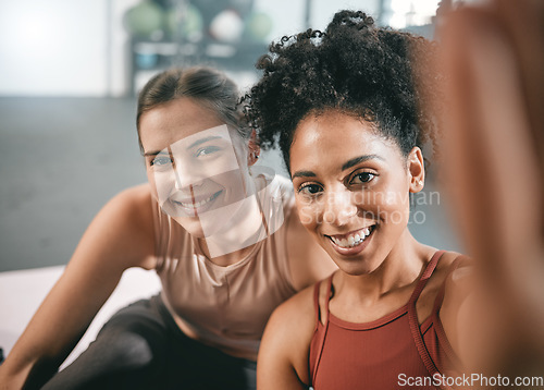 Image of Fitness, friends and portrait at the gym for selfie, happy and smile before exercise routine. Workout, face and girls pose for photo, profile picture or post after training, cheerful and satisfied