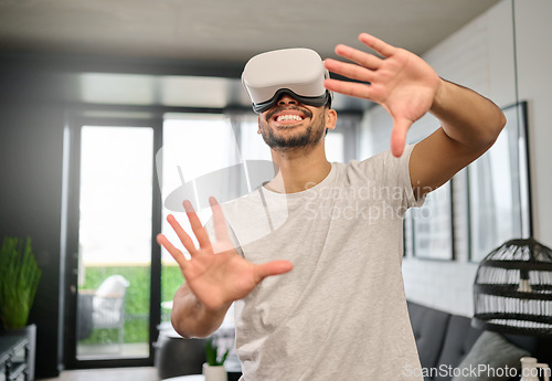 Image of Technology, virtual reality and hands of man in home with headset for streaming interactive, online and 3d games. Futuristic, digital tech and guy with vr glasses for metaverse, cyberspace and gaming