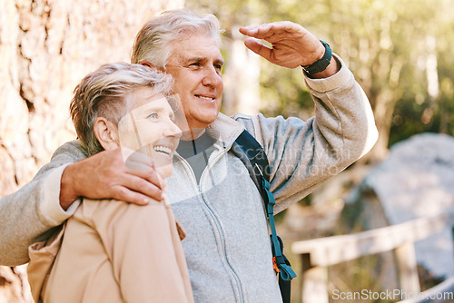 Image of Fitness, nature view or senior couple hiking in forest woods for peace, freedom or training exercise workout. Love, retirement travel adventure and elderly people trekking on outdoor wellness journey