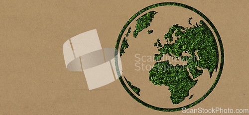 Image of Earth, mockup and sustainability with an icon on a poster or sign for green environmental conservation. Nature, globe and earth day with a cardboard cutout as a symbol of global eco friendly growth