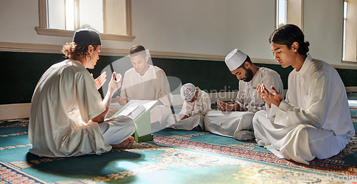 Image of Muslim, child or men prayer to worship Allah in holy temple or mosque with gratitude as a family on Ramadan. Islamic, community or people in praying with boy or kid for Gods support, spiritual peace