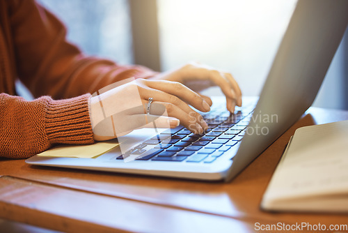 Image of Woman with hands, laptop and student typing, education and writing report or essay, studying for exam at university. Scholarship, college student zoom and proposal, keyboard with email and wifi